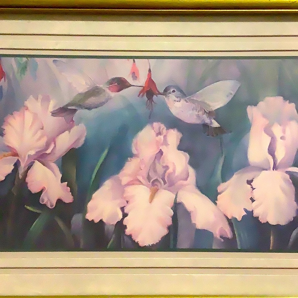 Lilac’s and Hummingbird’s in print in Gold Frame.  Painted by Robbin Allen